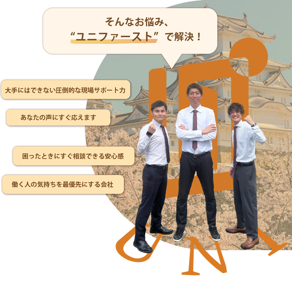 そんなお悩みユニファーストで解決！大手にはできない圧倒的な現場サポート力！あなたの声にすぐ応えます！困ったときはすぐに相談できる安心感。働く人の気持ちを最優先にする会社です！